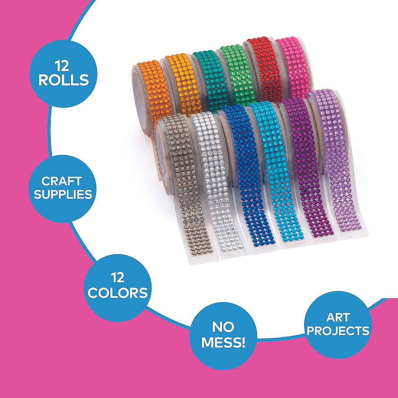 3/4" x 19" Bright Colors Self-Adhesive Rhinestone Rolls 12 Pc